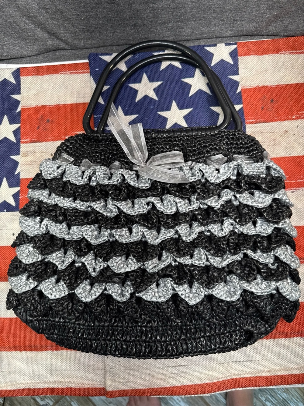 Hand Crafted Black & Silver Ruffled Crochet Handbag